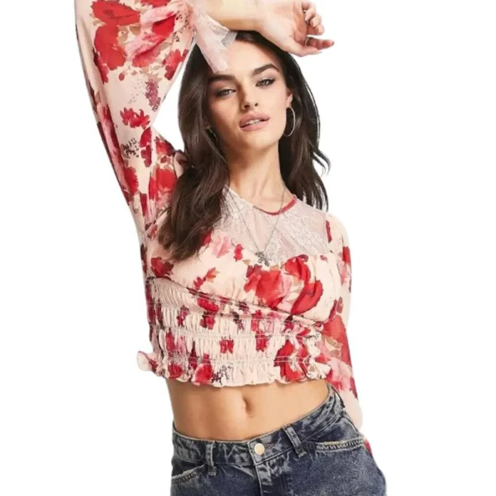 Free People Daphne Floral Lace Smocked Crop Top Romantic Combo Size M